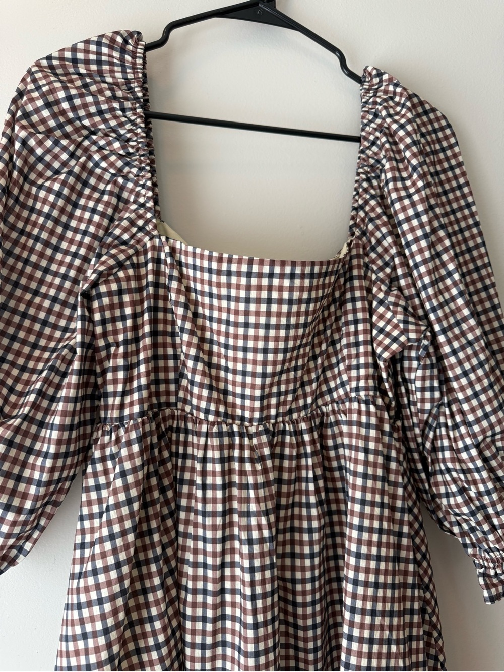 Storia Plaid Puff-Sleeve Square Neck Mini Dress in Brown - Picture 2 of 7